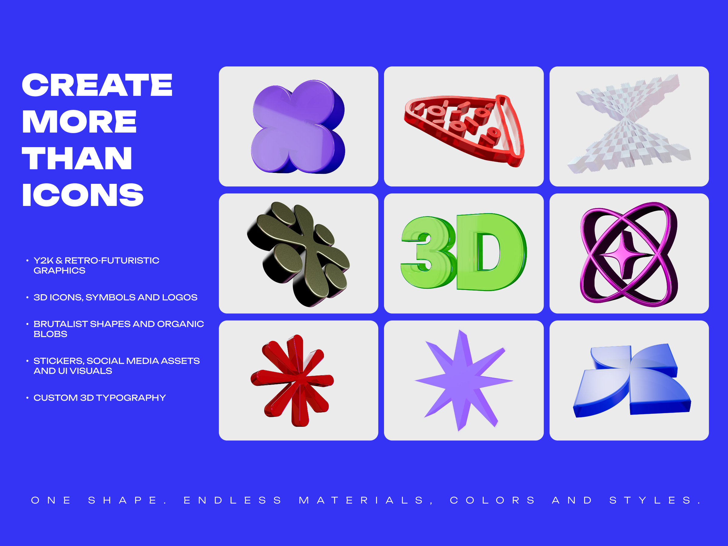 Examples of Y2K, retro-futuristic and typographic 3D graphics for Canva